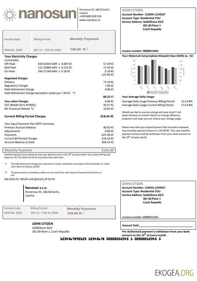 Czech Republic Nanosun s.r.o utility bill